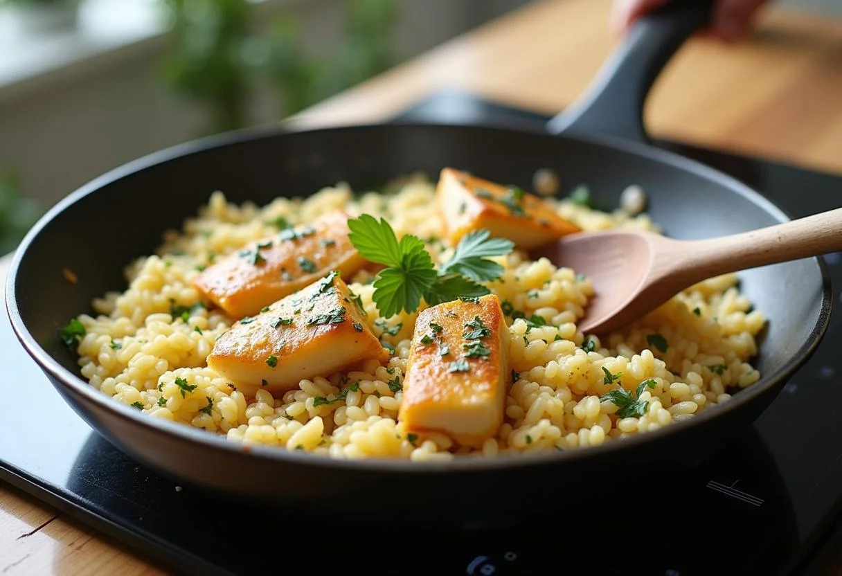 Mistura de arroz de bacalhau cozinhando em uma frigideira para o Arroz de Bacalhau gourmet.