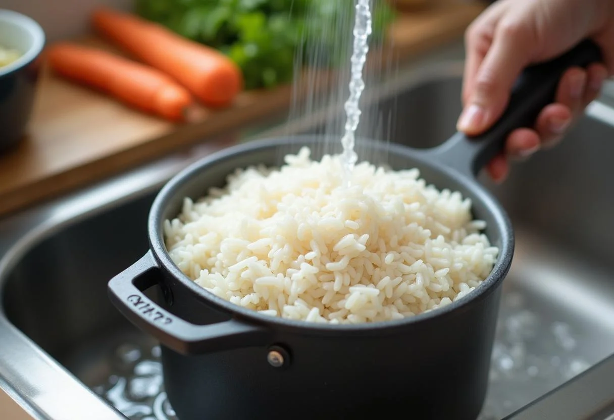 Lavando o arroz para a receita de arroz de cenoura, com cenouras ao fundo.