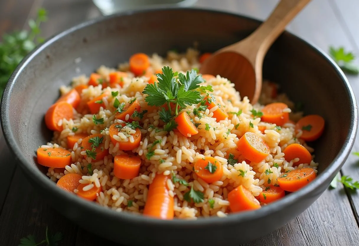Misturando arroz e cenouras refogadas para a preparação do arroz de cenoura.