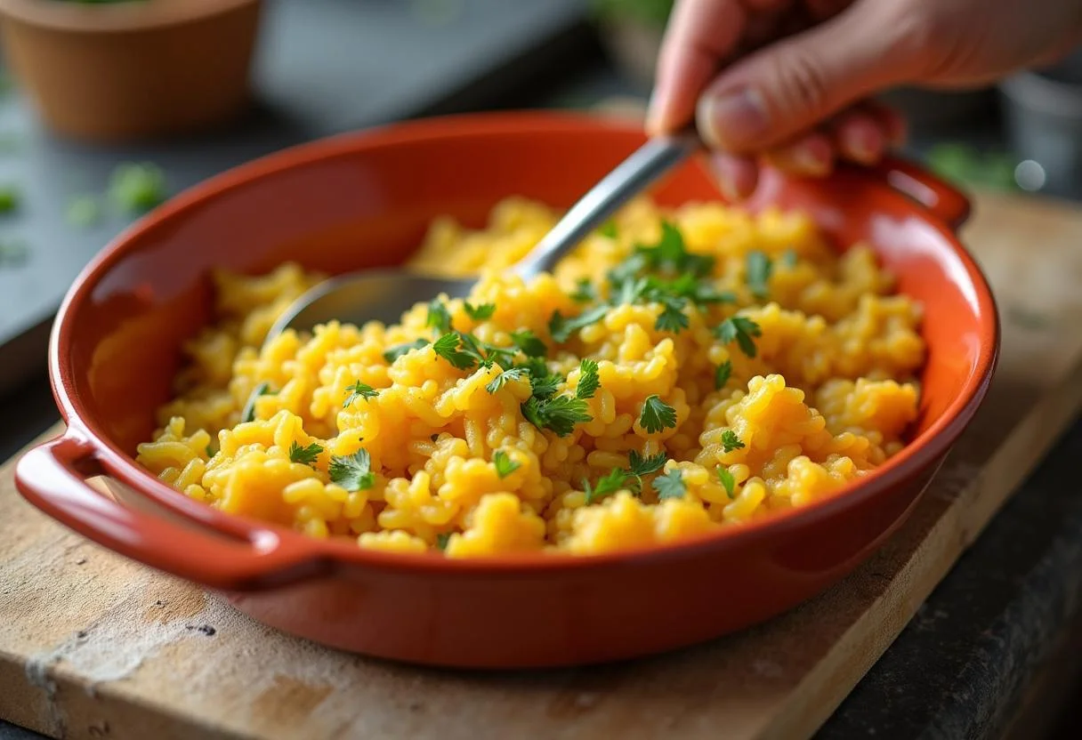 Servindo arroz de cenoura em um prato, decorado com salsinha.