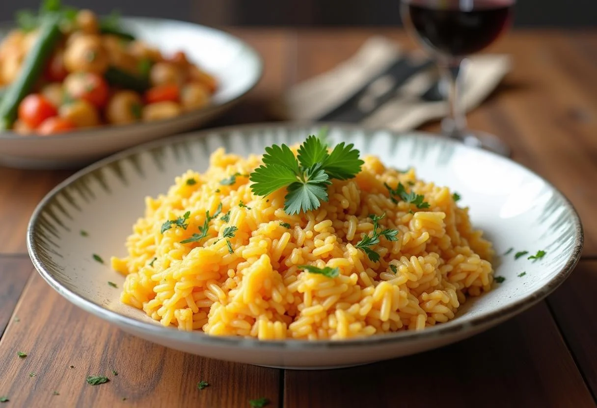 Delicioso arroz de cogumelos servido com legumes salteados, mostrando uma refeição saborosa.