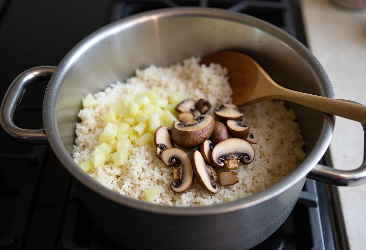 Ingredientes para arroz de cogumelos incluindo arroz, cogumelos frescos e cebolas numa panela.