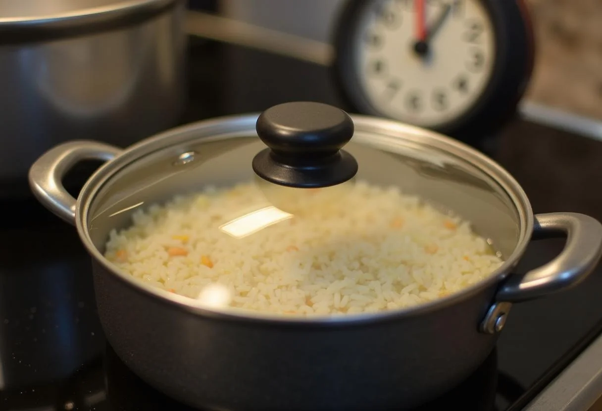 Cozinhando arroz de cogumelos coberto no fogão, absorvendo sabores.
