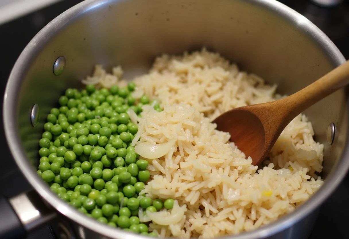 Misturando arroz e ervilhas com ingredientes refogados para um delicioso arroz de ervilhas.