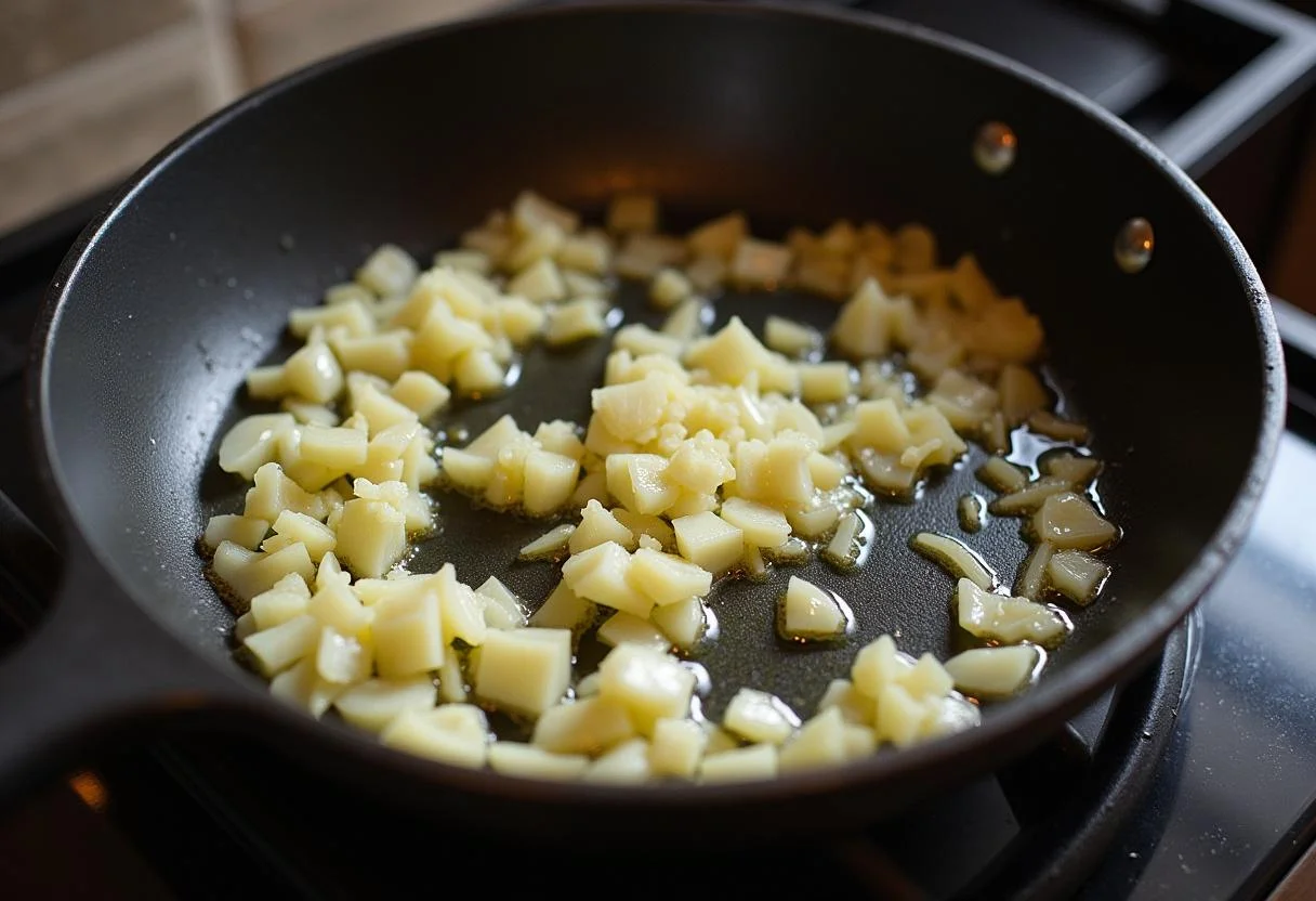 Garlic and onions sautéing in olive oil for healthy Arroz de Grelos.