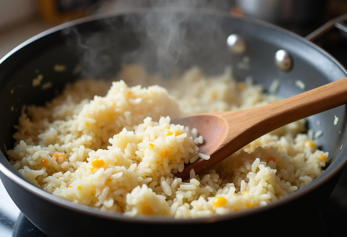 Cooked rice combined with grelos and sautéed garlic for Arroz de Grelos.