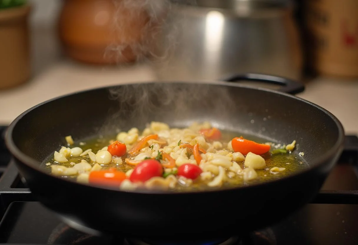 Sautéing onions, garlic, and peppers for arroz de lulas delicioso preparation.