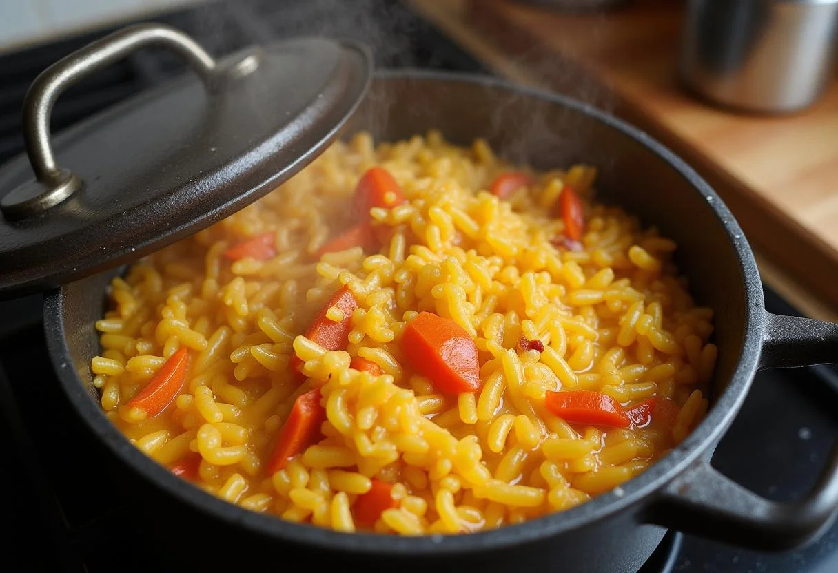 Cooking pot of arroz de lulas, showcasing the delicious seafood dish.