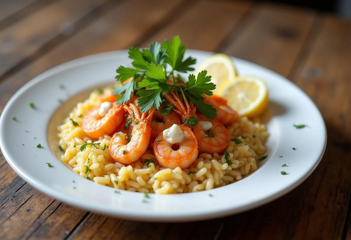 Prato final de arroz de marisco gourmet, decorado com salsa fresca e fatias de limão.