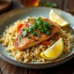 Delicious arroz de peixe served with herbs and lemon, showcasing the finished seafood dish.