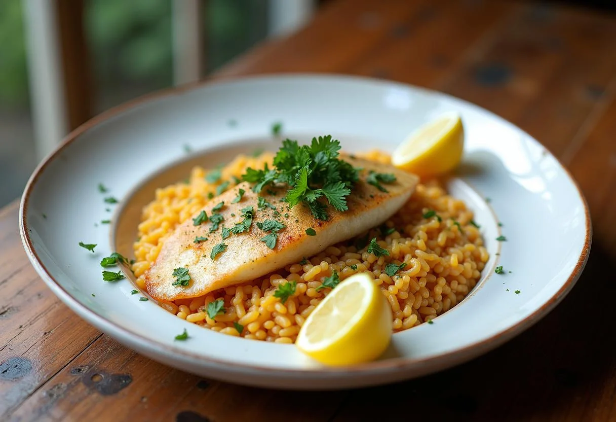 Delicious arroz de peixe served with herbs and lemon, showcasing the finished seafood dish.