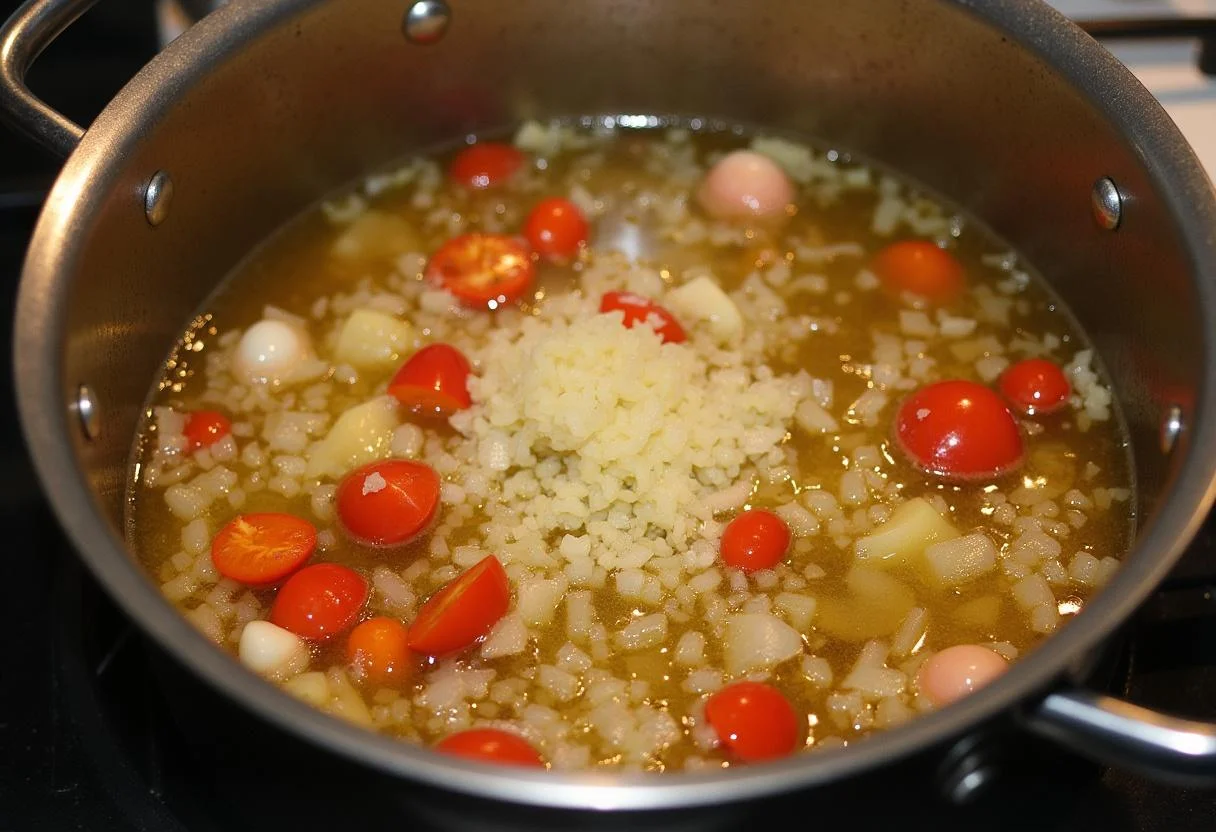 Fragrant base of arroz de peixe with onions, garlic, and bell peppers sautéing in olive oil.