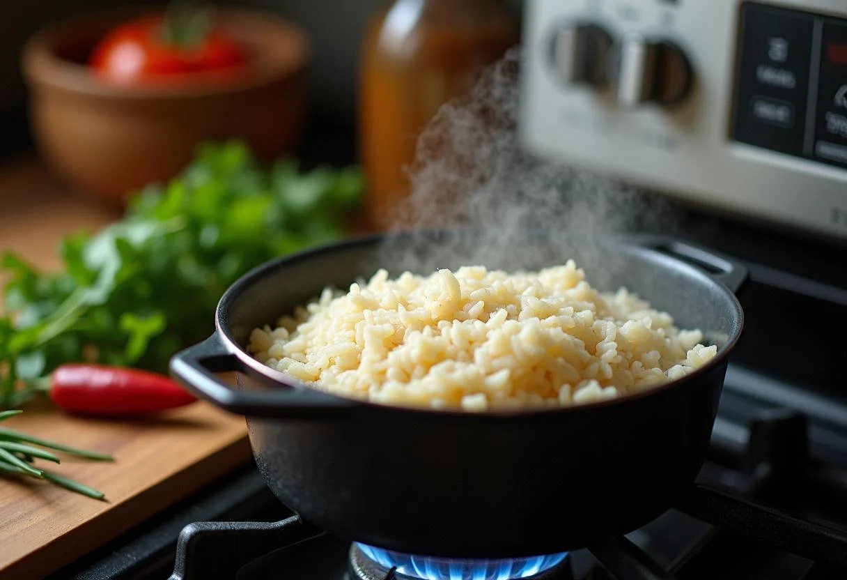 Cozinhando arroz na cozinha para o Arroz de Pota.