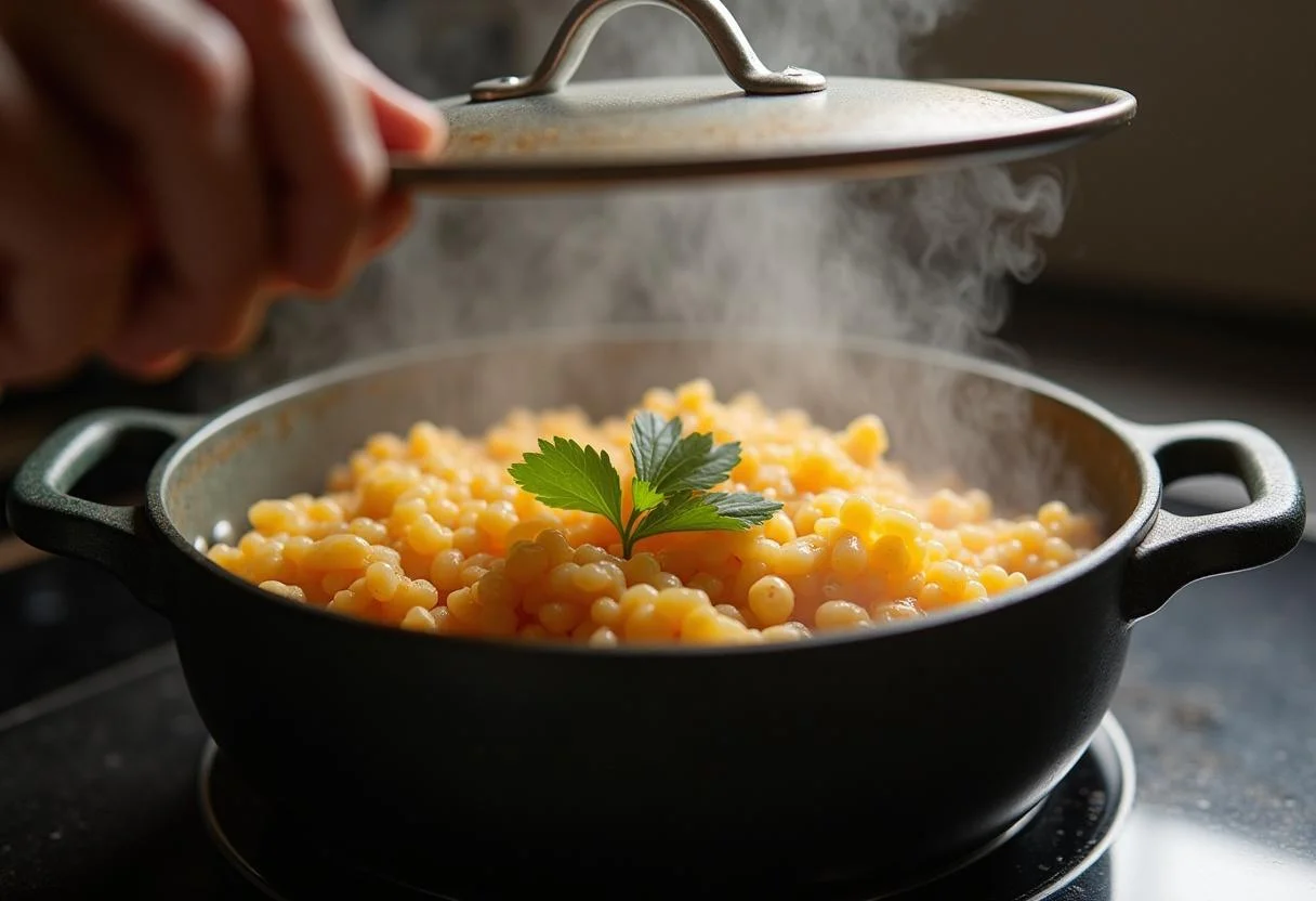 Cozinhando Arroz de Pota em lume brando com a tampa na panela para apurar os sabores.