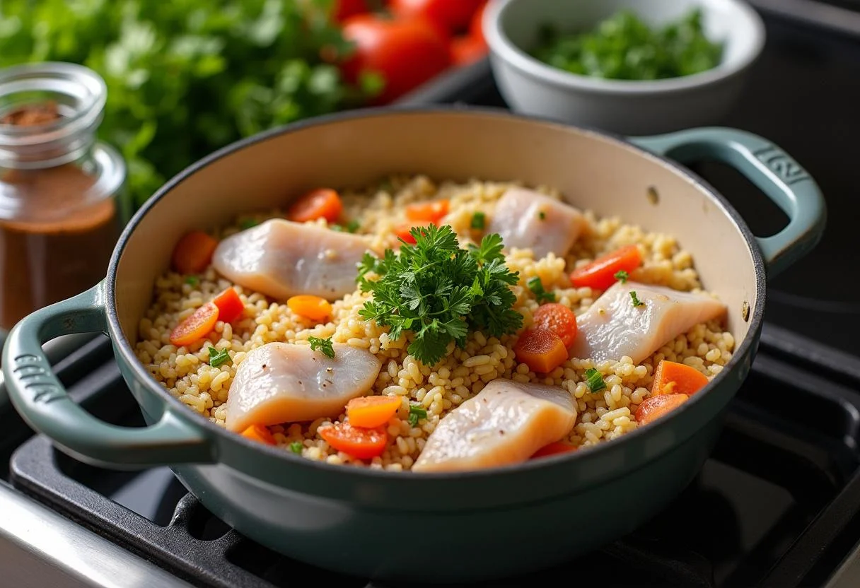 Preparação inicial do arroz de tamboril com peixe fresco e legumes picados.