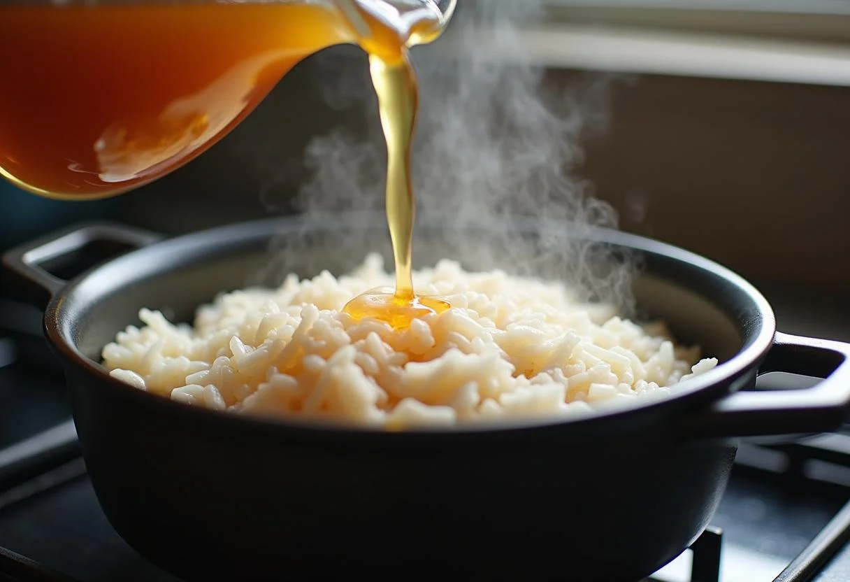 Caldo sendo adicionado ao arroz de tamboril em uma panela para a receita deliciosa.