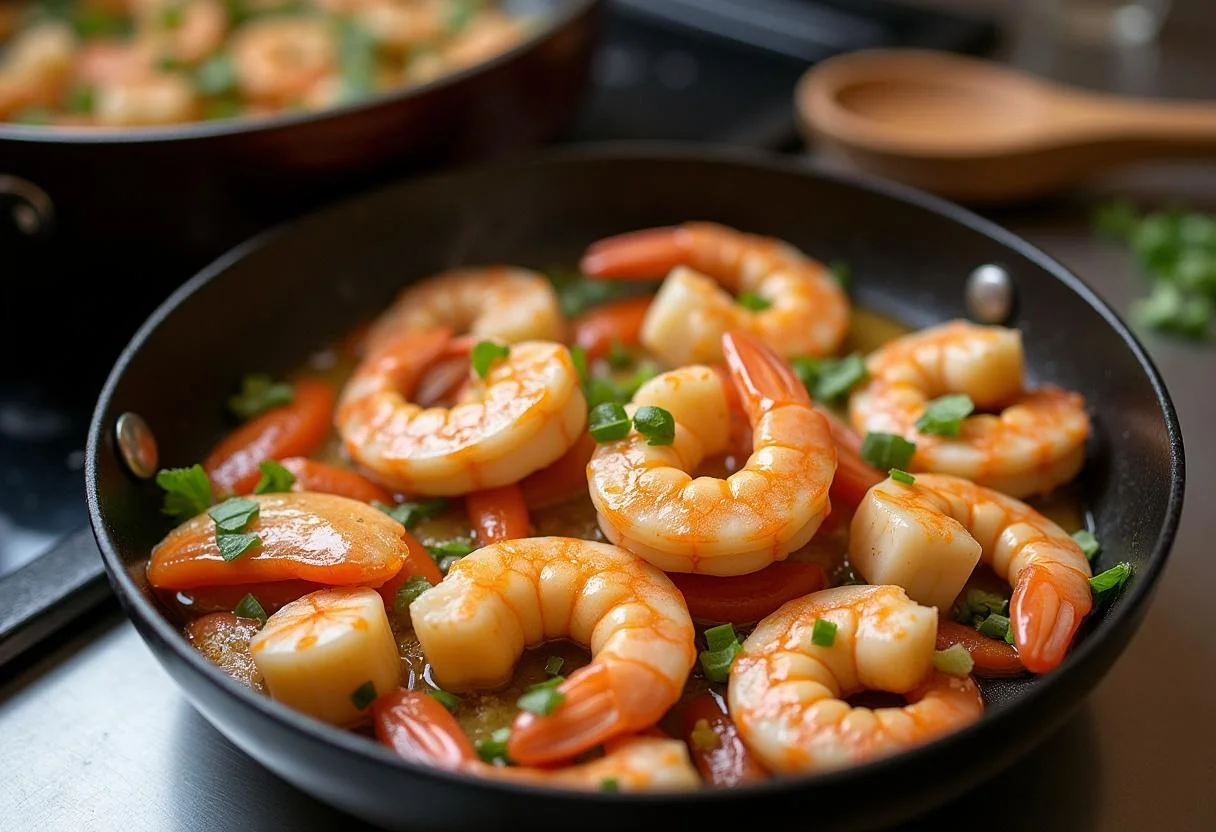 Camarões e filés de peixe salteados prontos para adicionar ao arroz de tamboril delicioso.