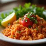 Delicious serving of arroz de tomate garnished with herbs, perfect for a family meal.
