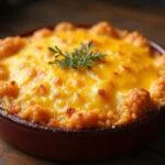 Finished Arroz no Forno Recheado, a delicious cheesy rice dish ready to be enjoyed.