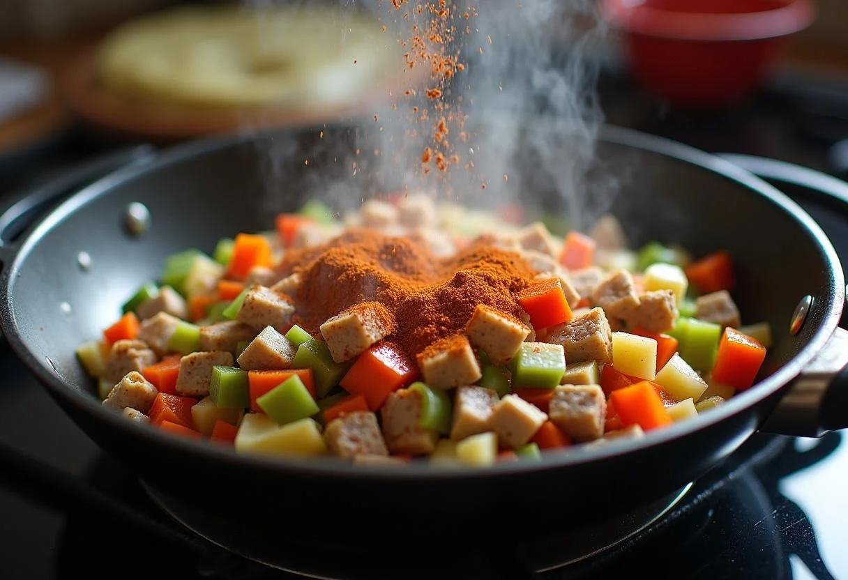 Sautéing vegetables and meat for Arroz no Forno Recheado recipe.