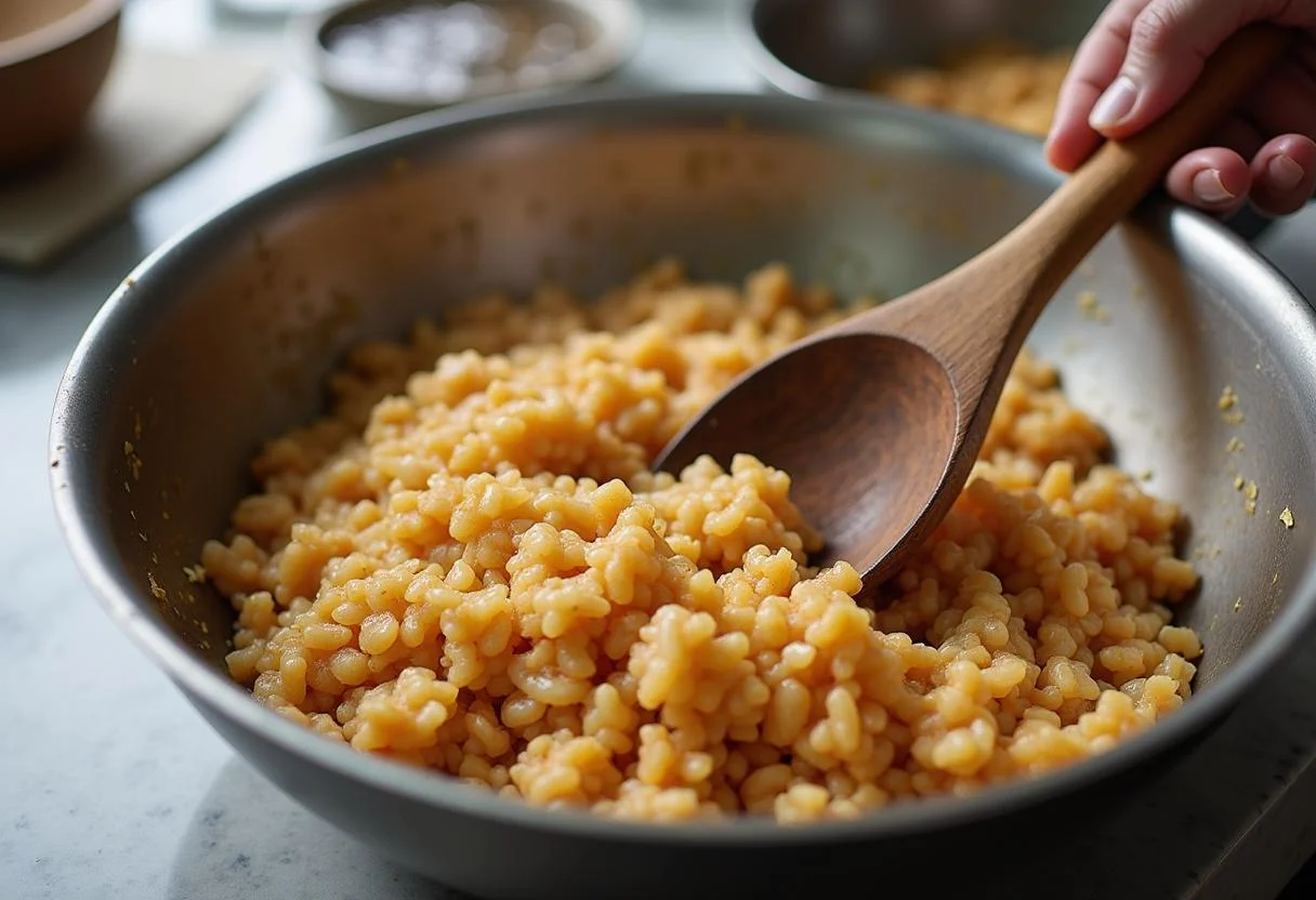 Combining sautéed ingredients with rice for Arroz no Forno Recheado.