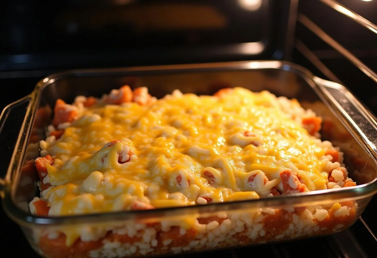 Preparing a cheese-topped dish of Arroz no Forno Recheado to go into the oven.