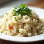 Fluffy gluten-free rice served as Arroz sem Glúten Light, garnished with fresh herbs.