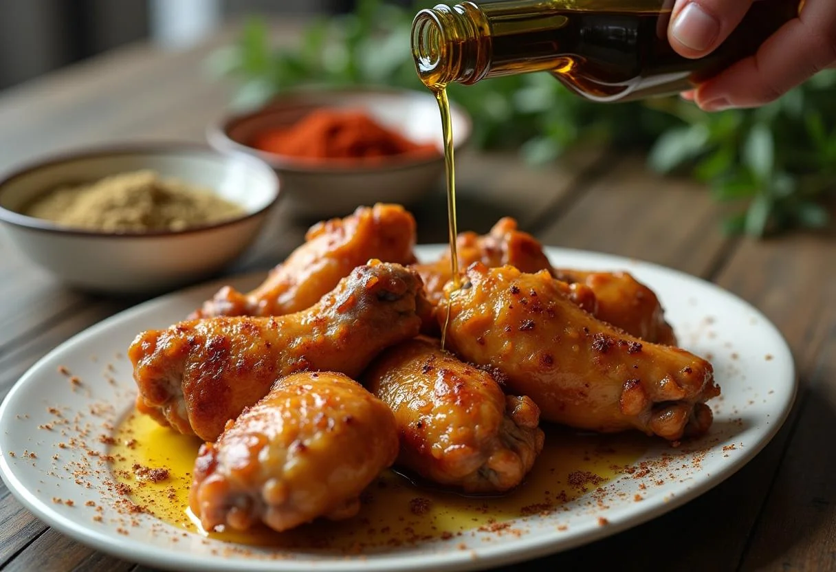 Azeite sendo derramado sobre asas de frango temperadas para receita de asas de frango no forno.