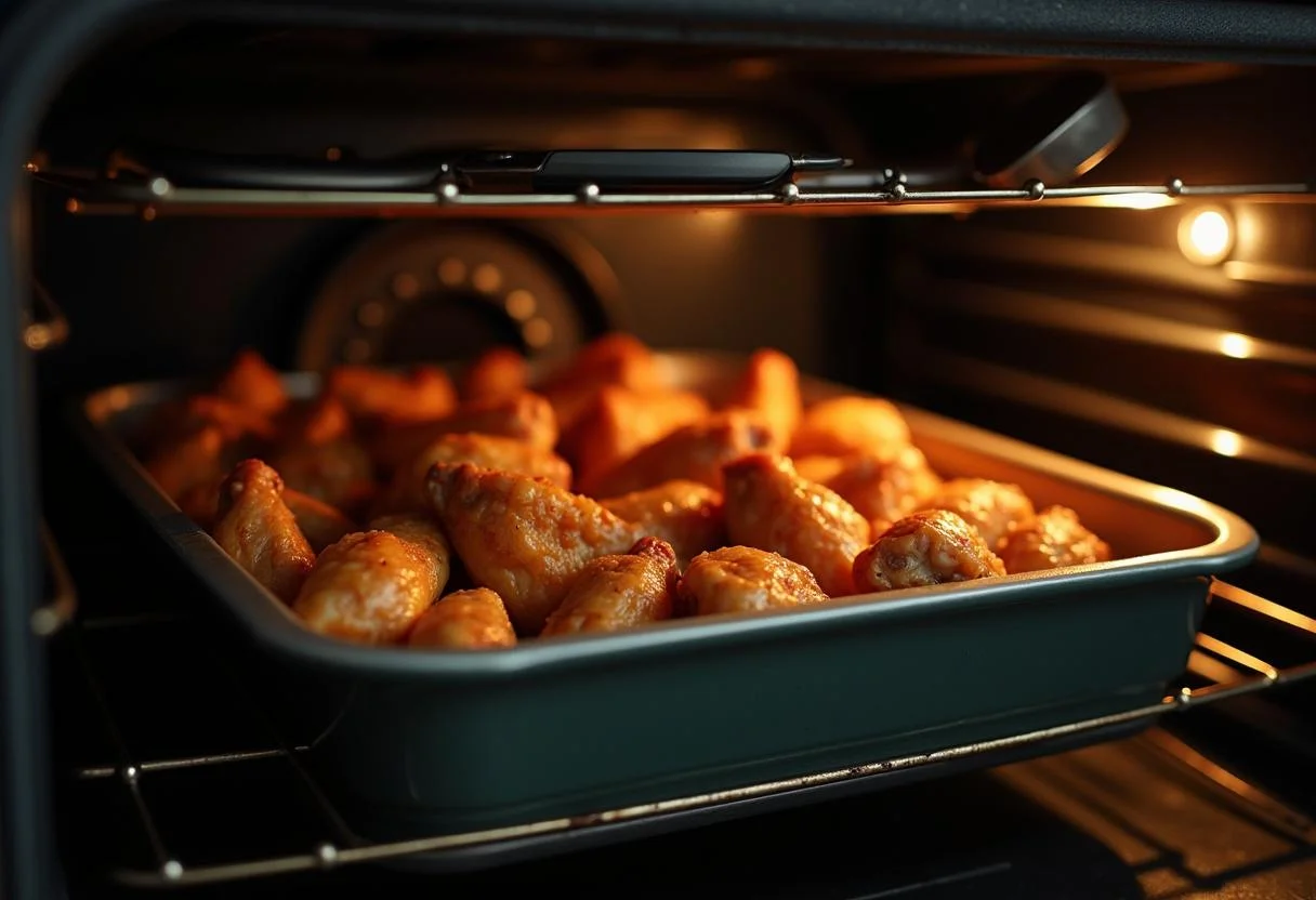 Prato com asas de frango sendo colocado no forno para assar as asas de frango no forno.