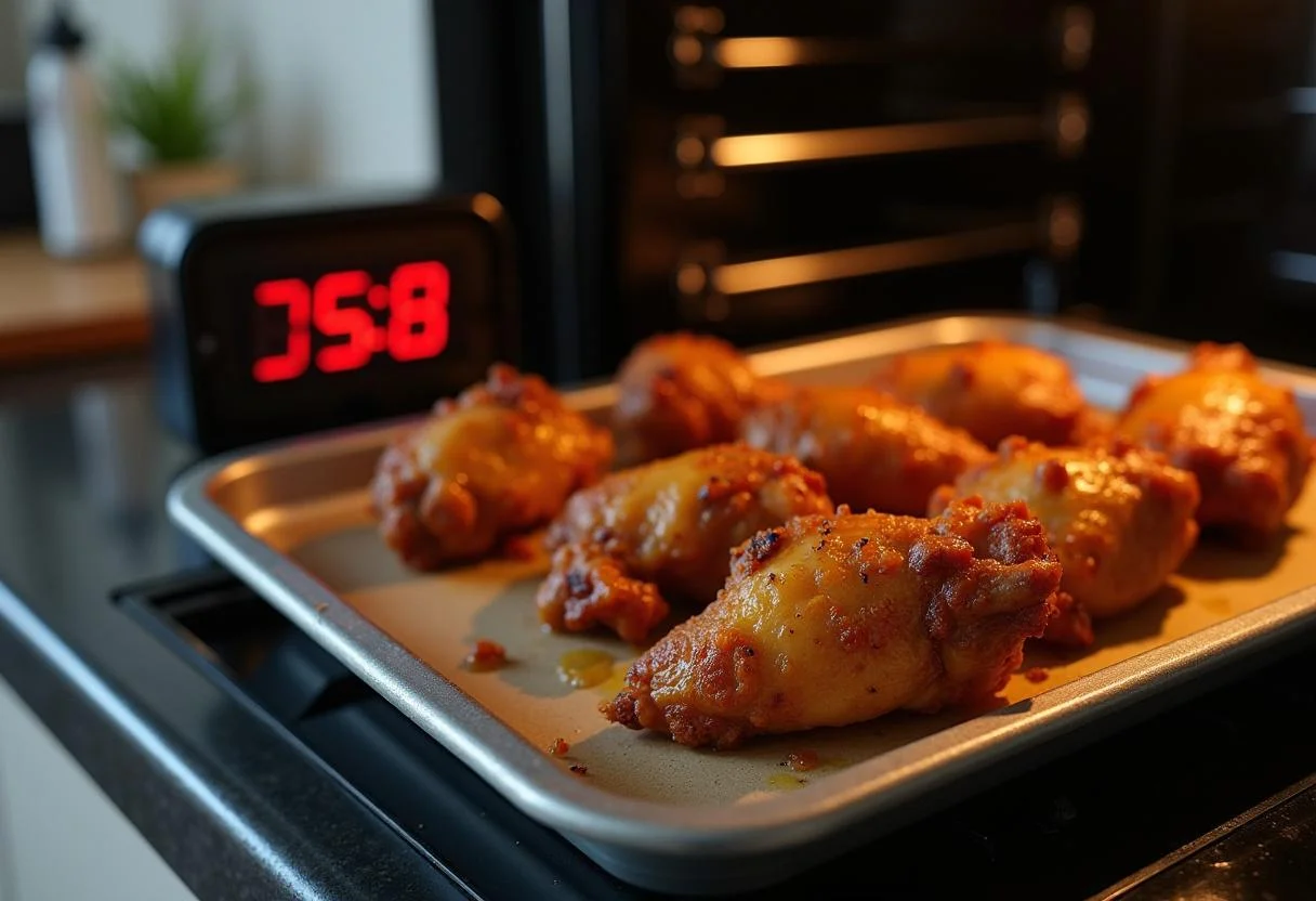 Temporizador na contagem regressiva enquanto as asas de frango assam no forno.