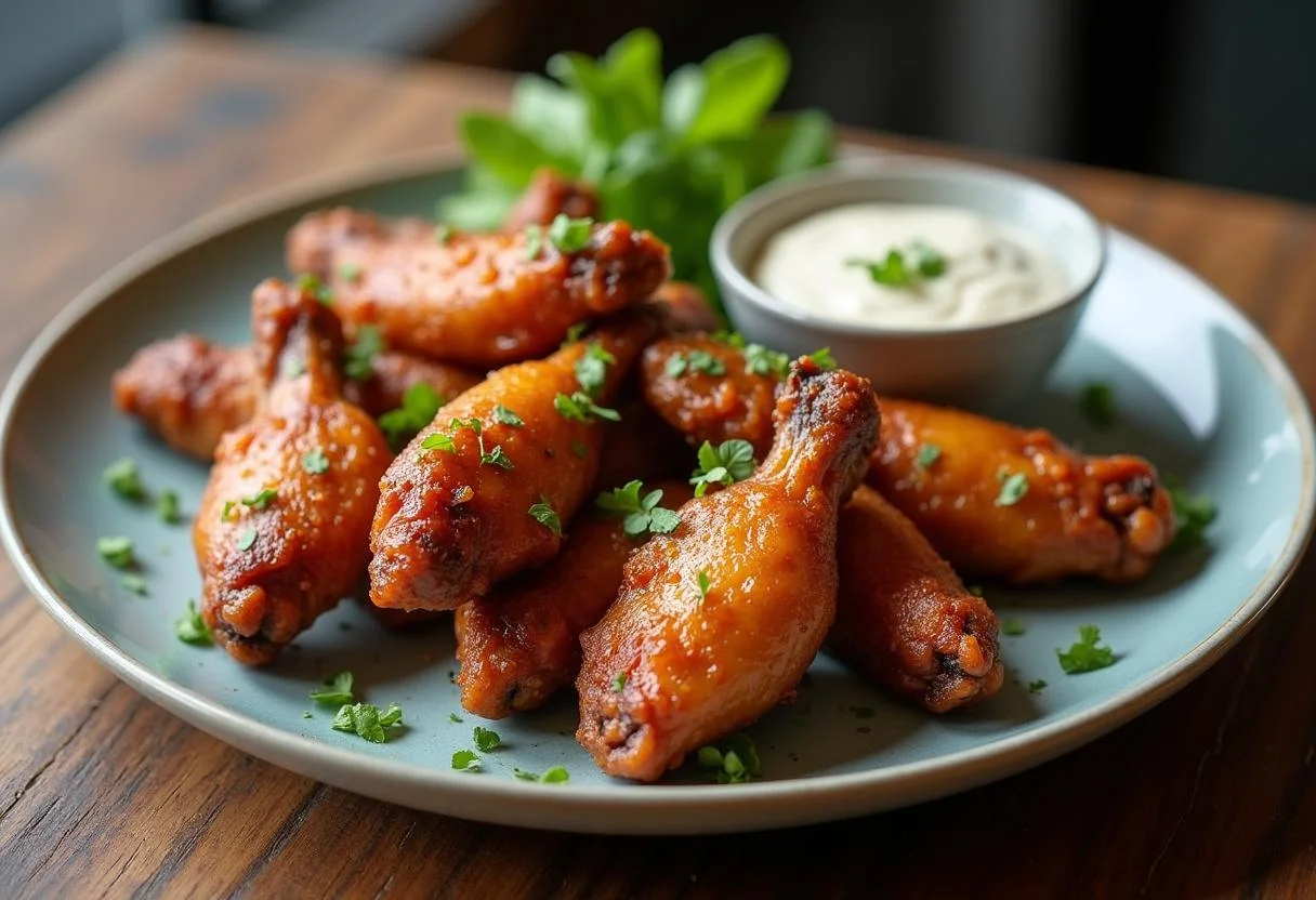 Serviço final de asinhas de frango crocantes, decoradas com ervas frescas e molho para mergulhar.