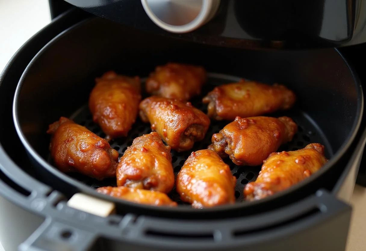 Asinhas de frango dispostas na cesta da airfryer, prontas para serem cozidas.
