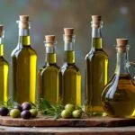 Finished products of azeite extra virgem displayed with fresh olives.