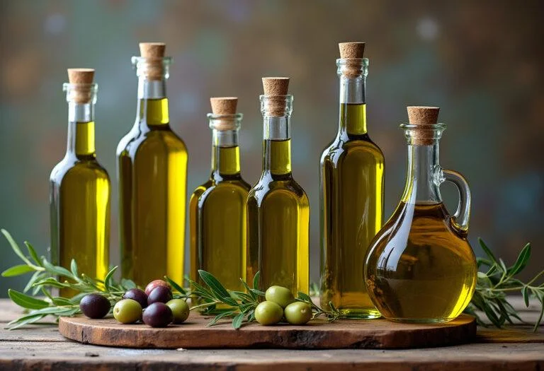 Finished products of azeite extra virgem displayed with fresh olives.