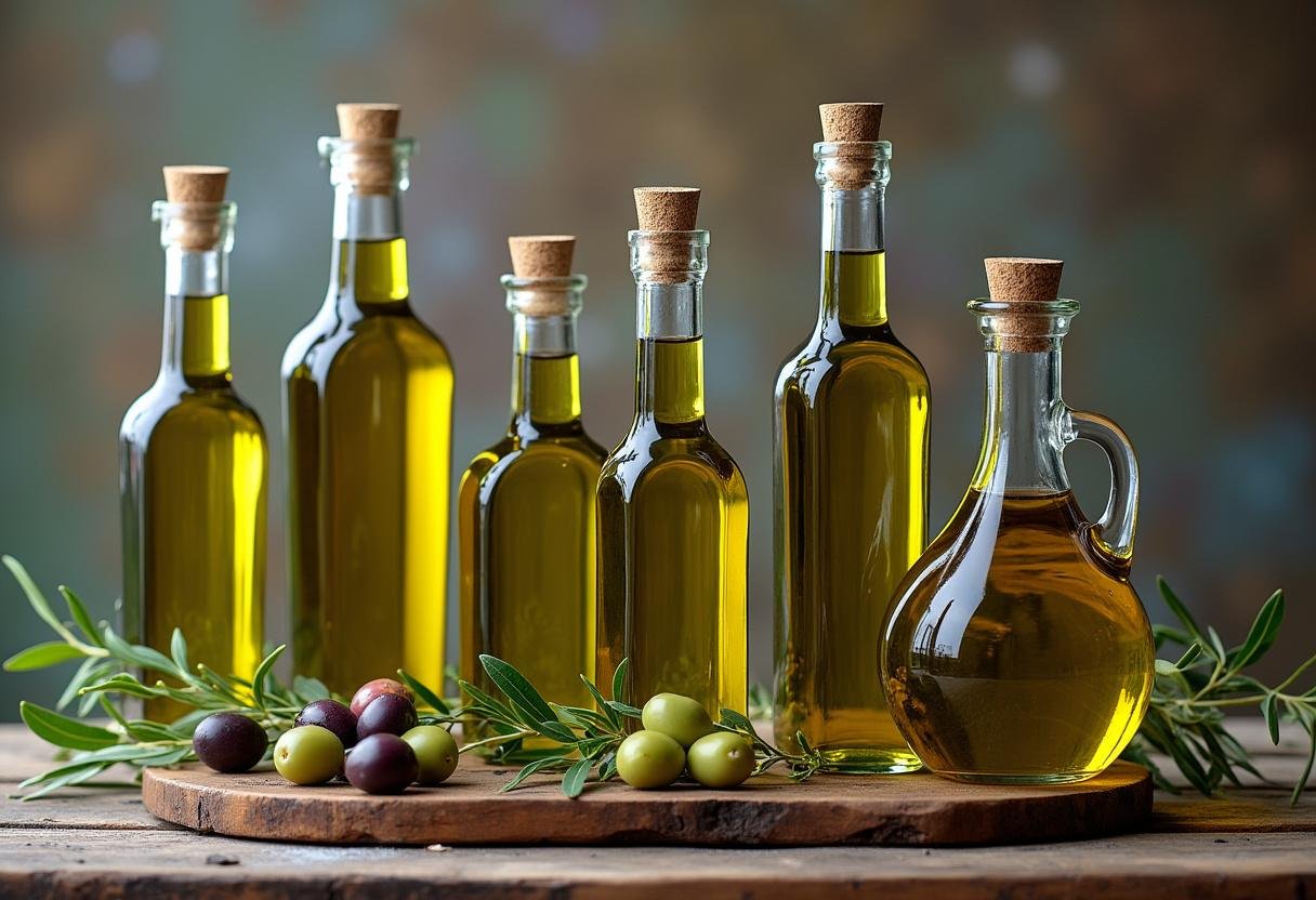 Finished products of azeite extra virgem displayed with fresh olives.