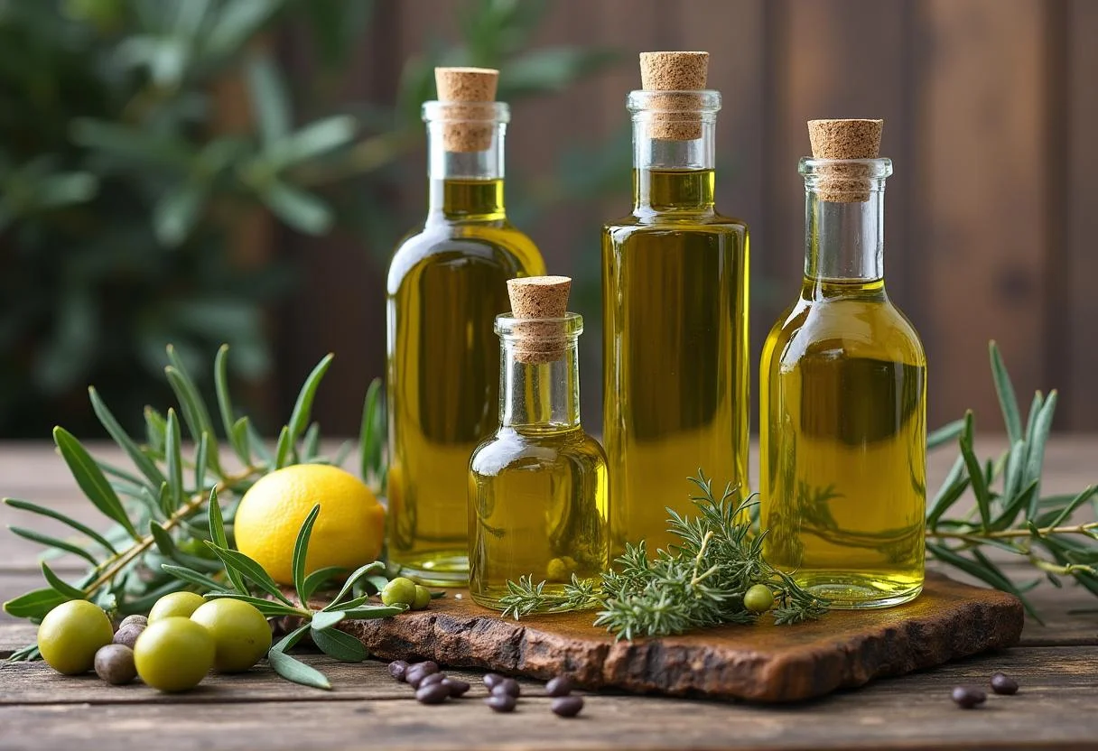 Finished products of azeite extra virgem displayed with fresh olives.