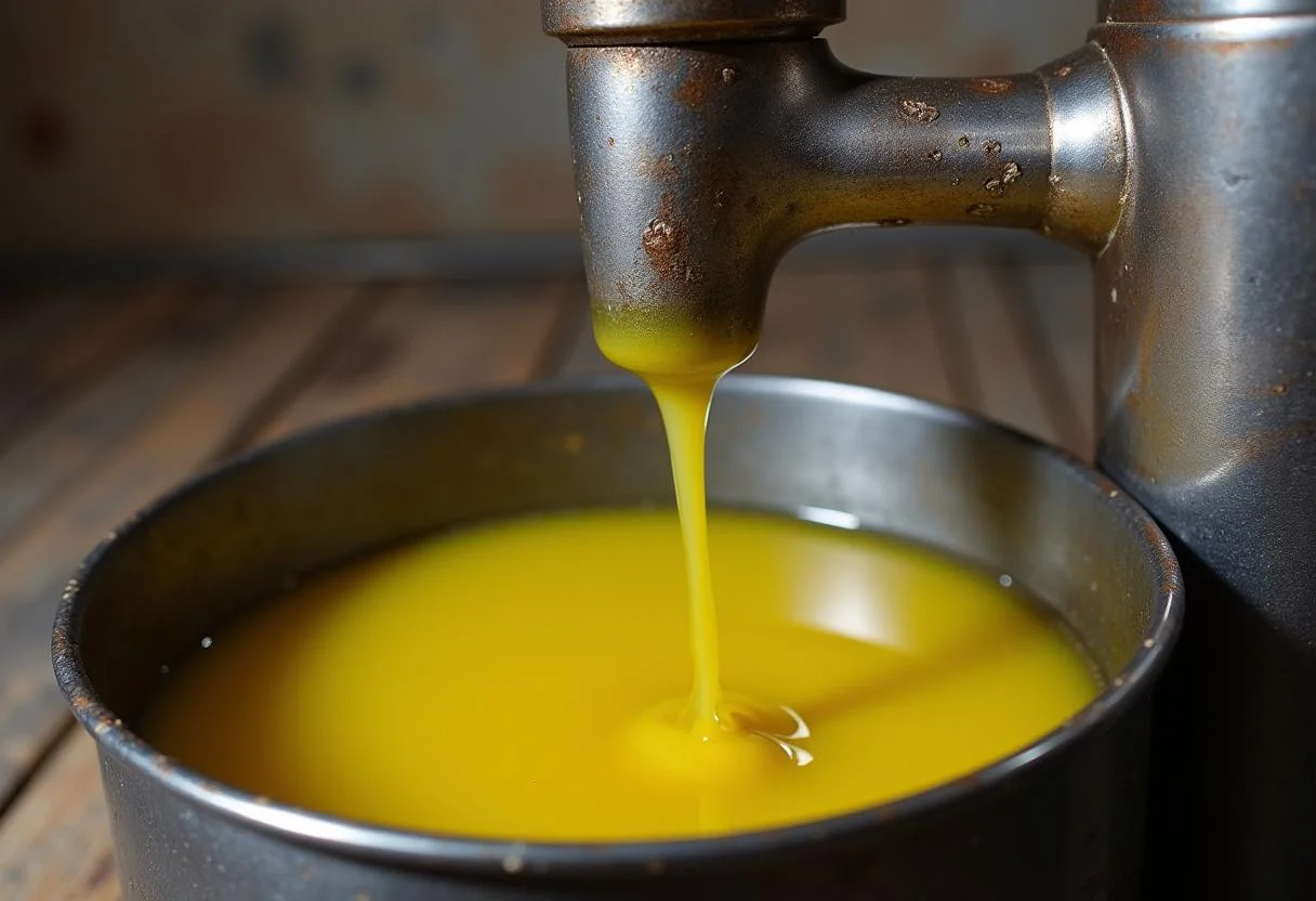 Extraction of azeite extra virgem from crushed olives in a press.