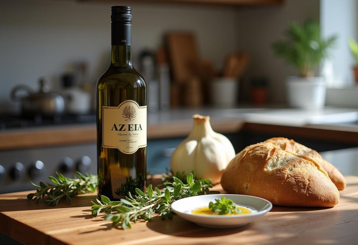Azeite Oliveira da Serra em uma cozinha moderna, perfeito para degustação com pão fresco.