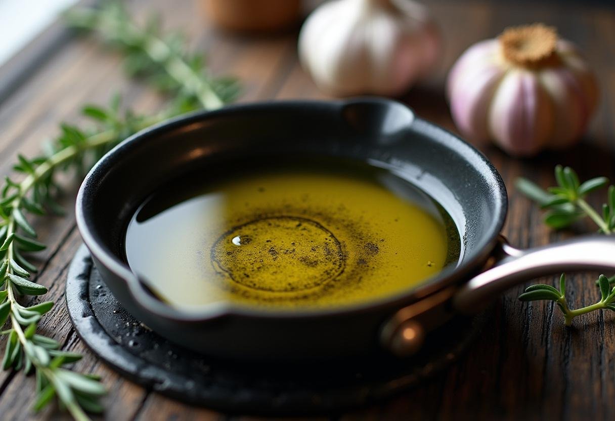 Preparando azeite de dende aromático em uma panela com ervas frescas.