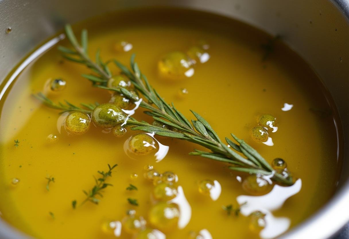 Azeite de dende aromático sendo infundido com ervas, criando uma mistura saborosa.