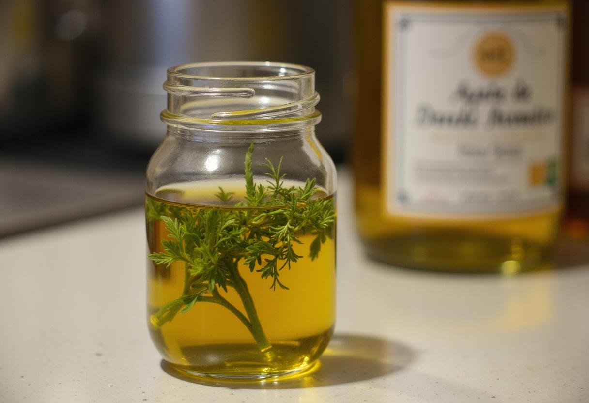 Frasco de azeite de dende aromático sendo preparado para armazenamento.