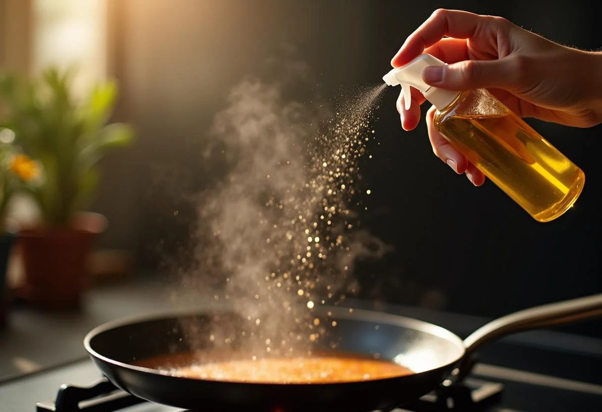 Spray azeite sendo usado em uma frigideira quente, perfeito para cozinhar.