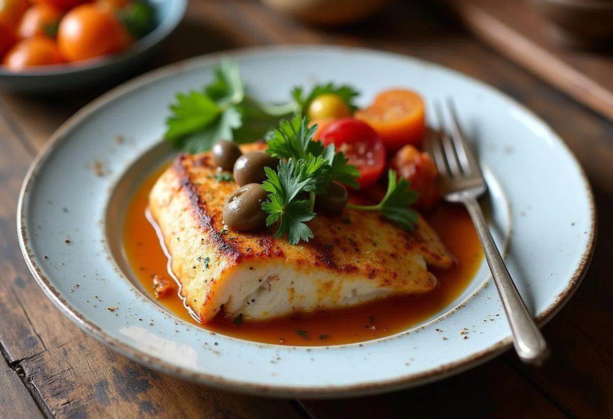 Bacalhau assado no forno com batatas e cebolada, perfeito para refeições familiares.