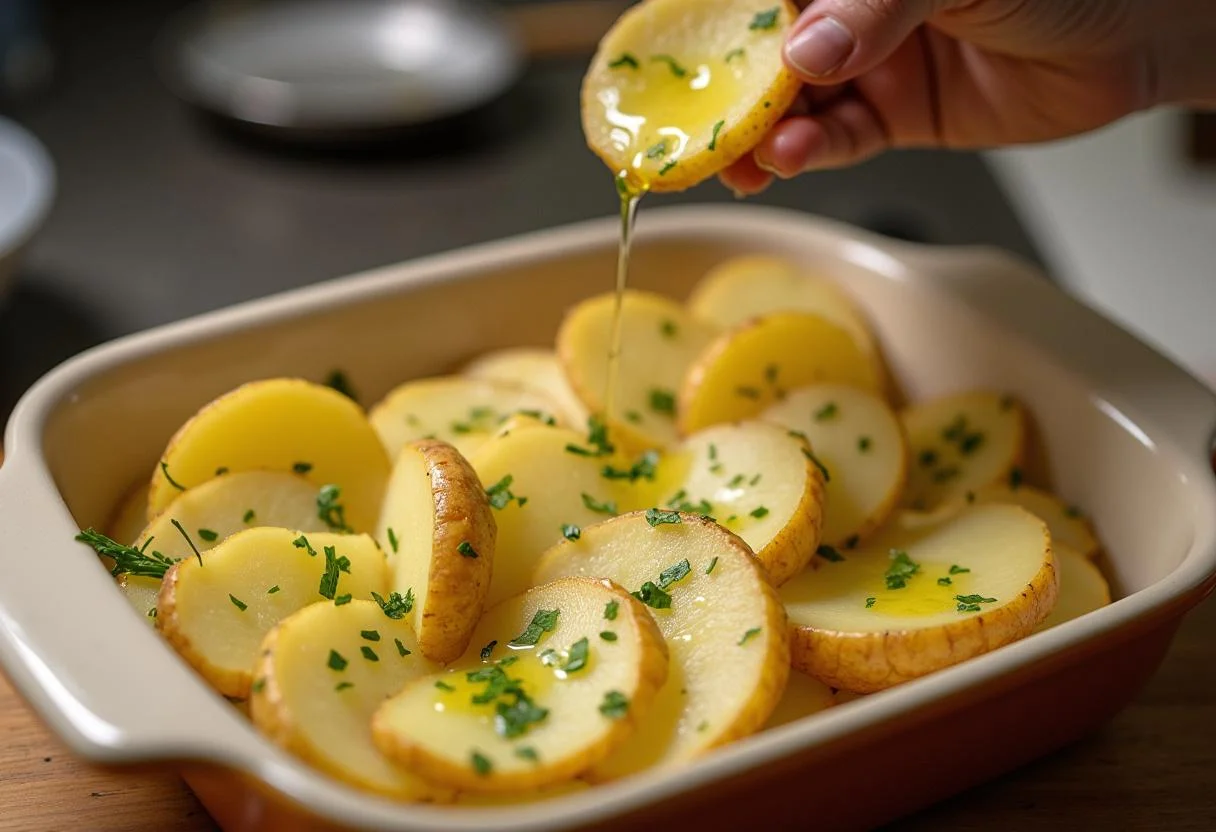 Camadas de batatas em um prato de forno para bacalhau assado no forno.