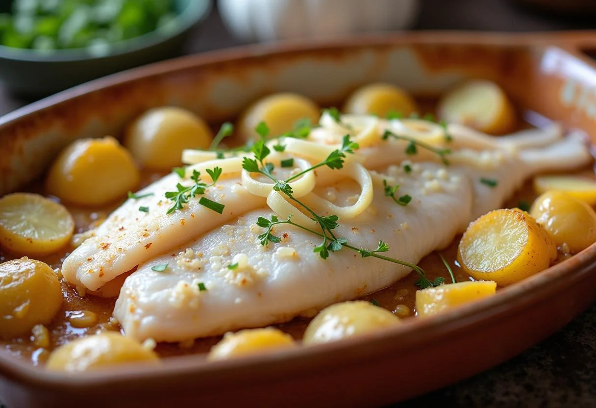 Bacalhau filé colocado sobre as batatas no forno para bacalhau assado com cebolada.