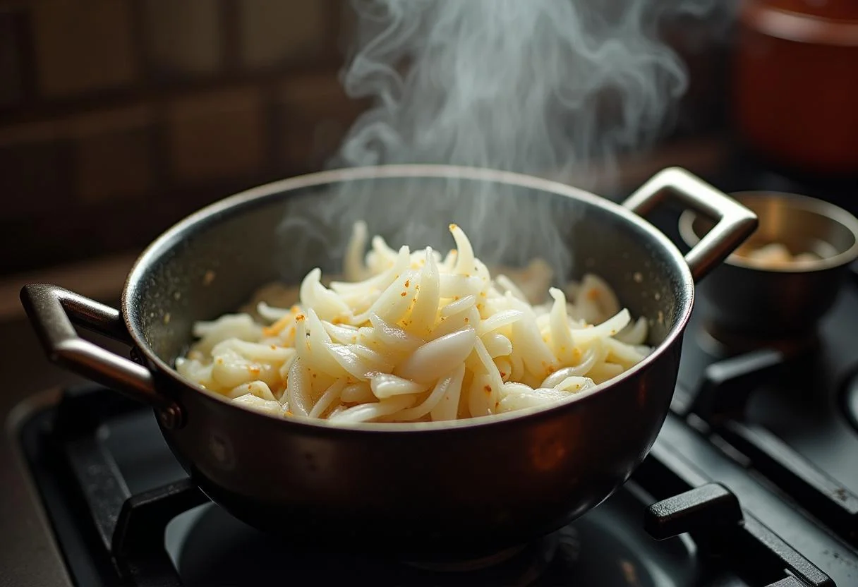 Refogando cebolas e alho para a cebolada do bacalhau assado no forno.