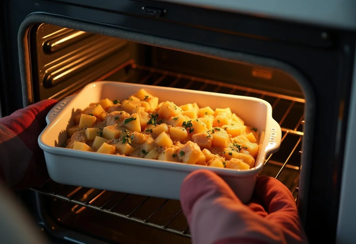 Prato de bacalhau assado no forno sendo colocado no forno quente.