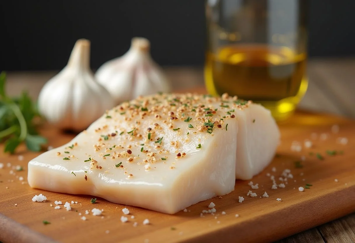 Bacalhau confitado na tábua de corte com alho e azeite, pronto para ser preparado.