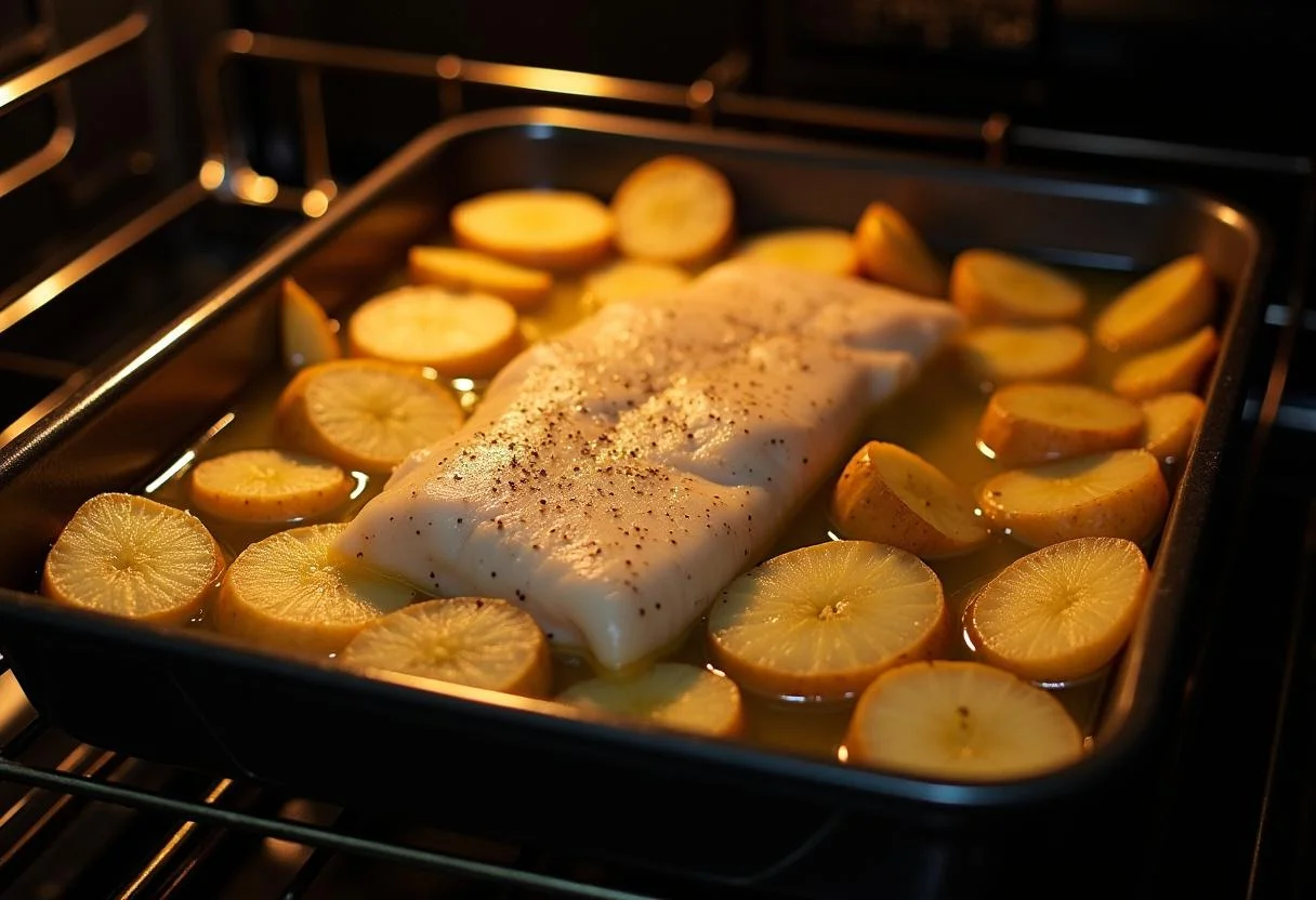 Prato com bacalhau e batatas prontos para assar no forno, um delicioso bacalhau confitado.