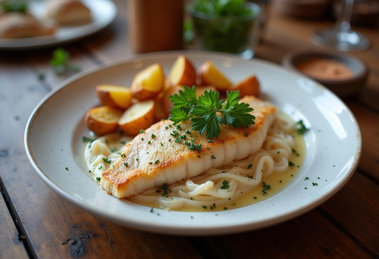 Prato final de bacalhau demolhado macio, decorado com salsa e batatas assadas.